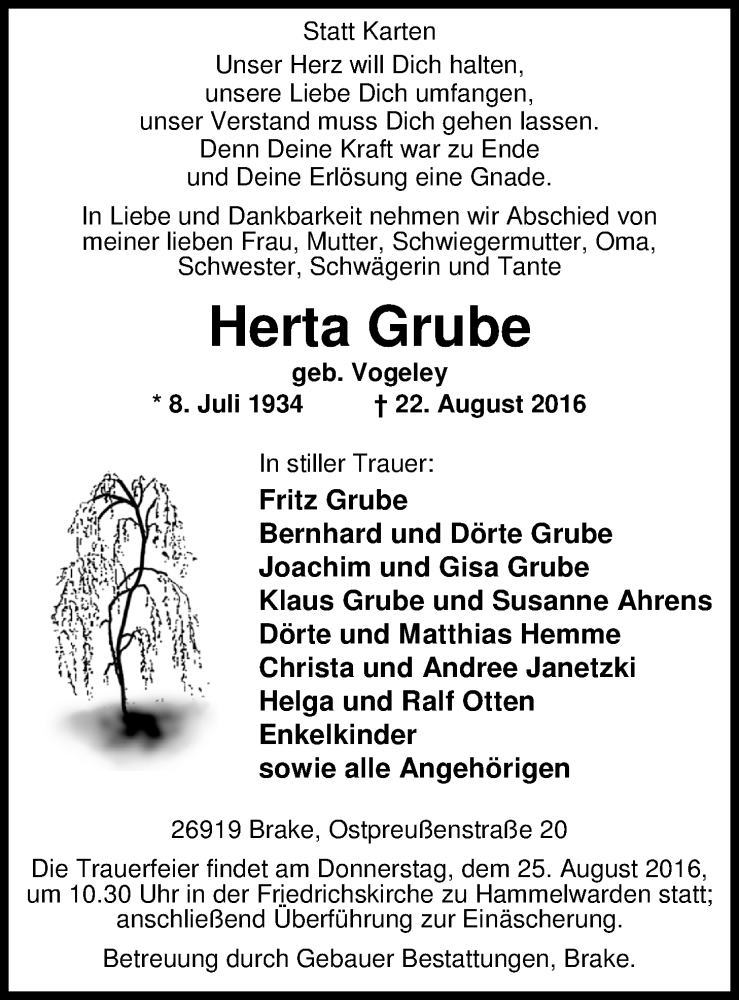  Traueranzeige für Herta Grube vom 23.08.2016 aus Nordwest-Zeitung