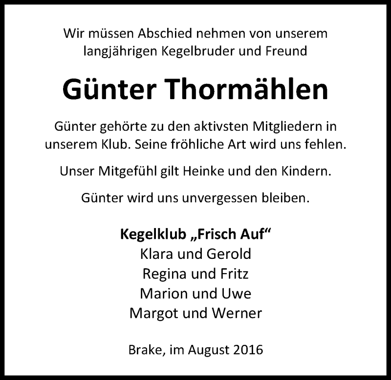  Traueranzeige für Günter Thormählen vom 08.08.2016 aus Nordwest-Zeitung