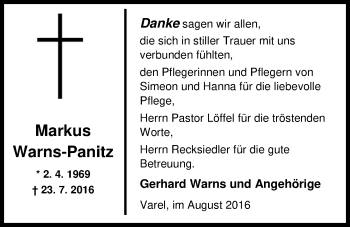 Traueranzeige von Markus Warns-Panitz von Nordwest-Zeitung