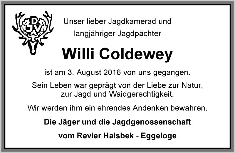  Traueranzeige für Willi Coldewey vom 06.08.2016 aus Nordwest-Zeitung