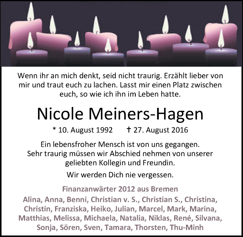  Traueranzeige für Nicole Meiners-Hagen vom 31.08.2016 aus Nordwest-Zeitung