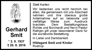 Traueranzeige von Gerhard Smit von Nordwest-Zeitung
