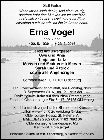 Traueranzeige von Erna Vogel von Nordwest-Zeitung