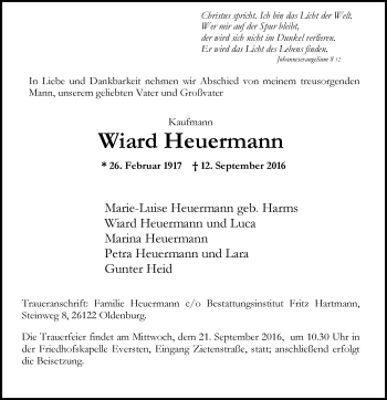 Traueranzeige von Wiard Heuermann von Nordwest-Zeitung