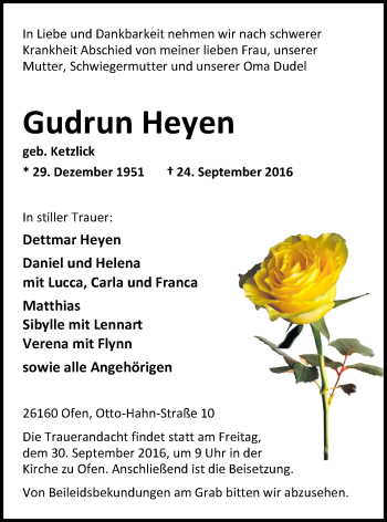 Traueranzeige von Gudrun Heyen von Nordwest-Zeitung
