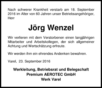 Traueranzeige von Jörg Wenzel von Nordwest-Zeitung