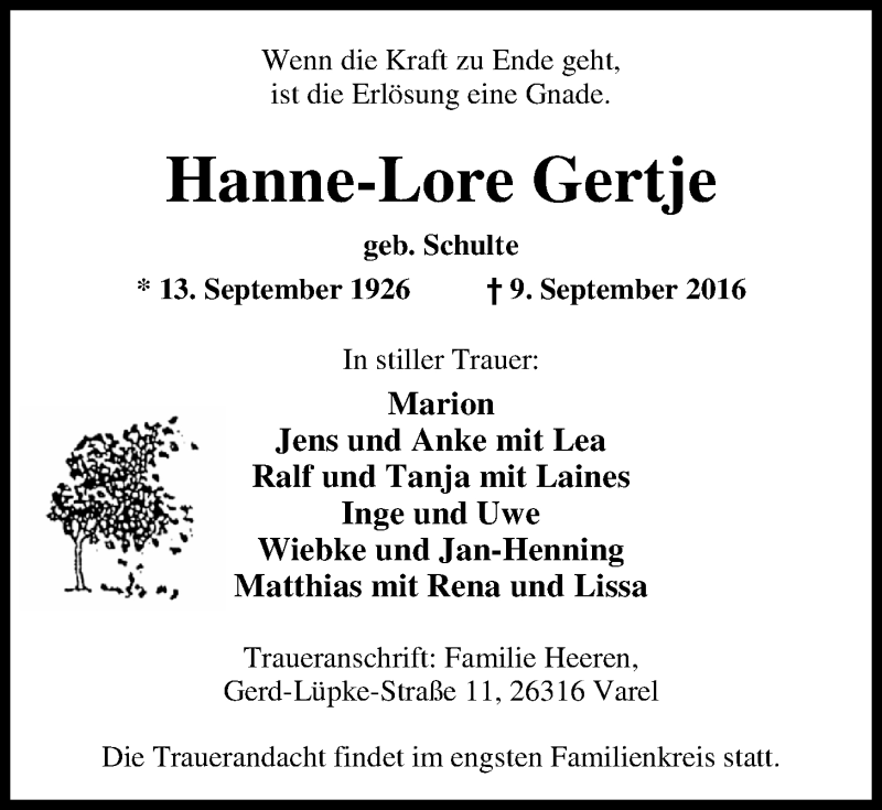  Traueranzeige für Hanne-Lore Gertje vom 13.09.2016 aus Nordwest-Zeitung