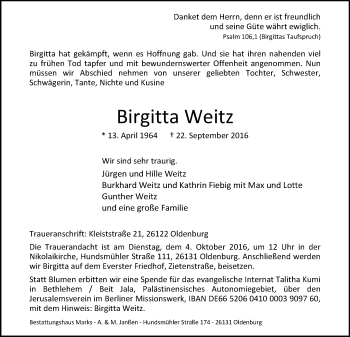 Traueranzeige von Birgitta Weitz von Nordwest-Zeitung