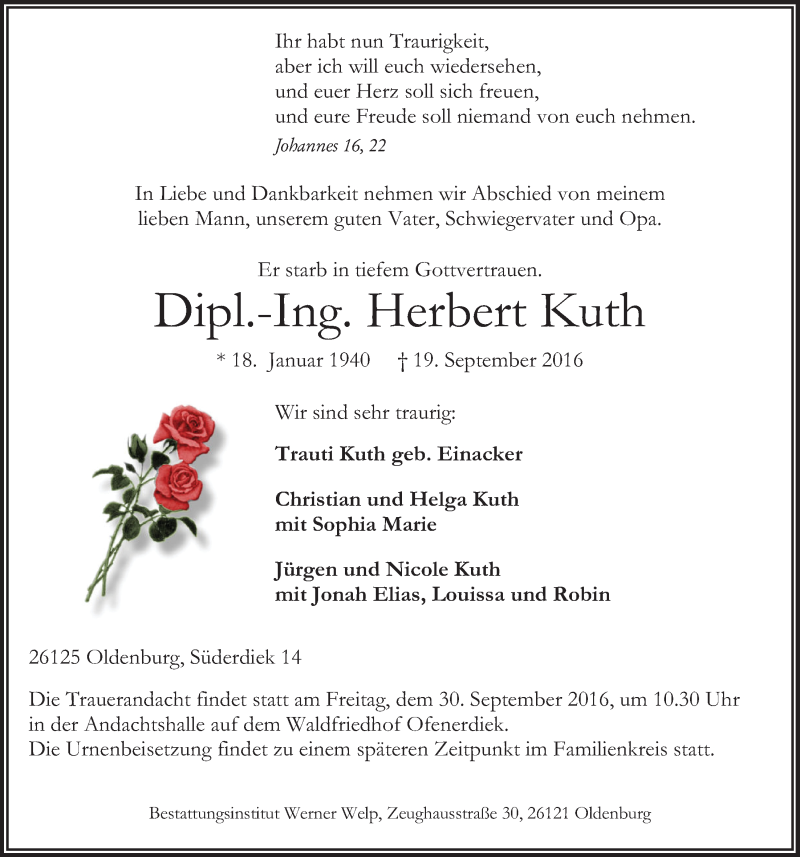  Traueranzeige für Herbert Kuth vom 24.09.2016 aus Nordwest-Zeitung