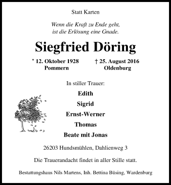 Traueranzeige von Siegfried Döring von Nordwest-Zeitung