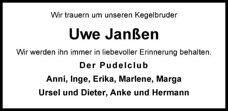  Traueranzeige für Uwe Janßen vom 15.09.2016 aus Nordwest-Zeitung