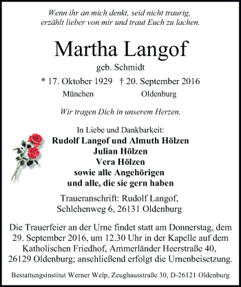Traueranzeige von Martha Langof von Nordwest-Zeitung