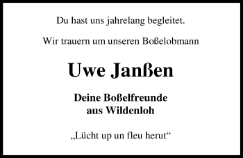 Traueranzeige von Uwe Janßen von Nordwest-Zeitung