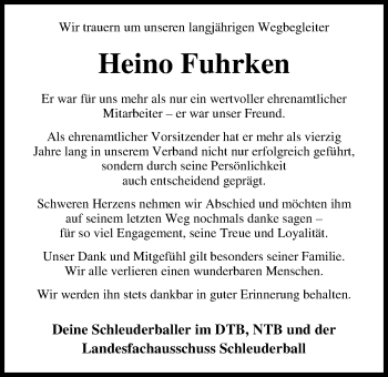 Traueranzeige von Heino Fuhrken von Nordwest-Zeitung