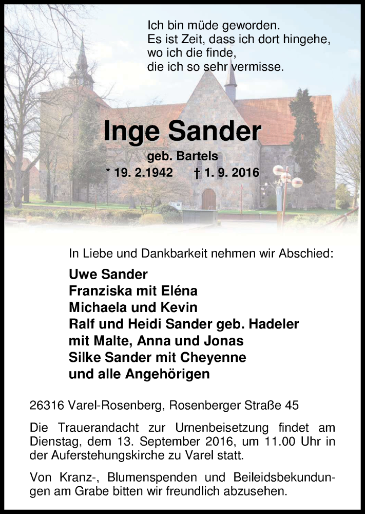  Traueranzeige für Inge Sander vom 06.09.2016 aus Nordwest-Zeitung