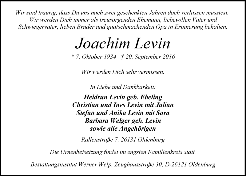  Traueranzeige für Joachim Levin vom 24.09.2016 aus Nordwest-Zeitung