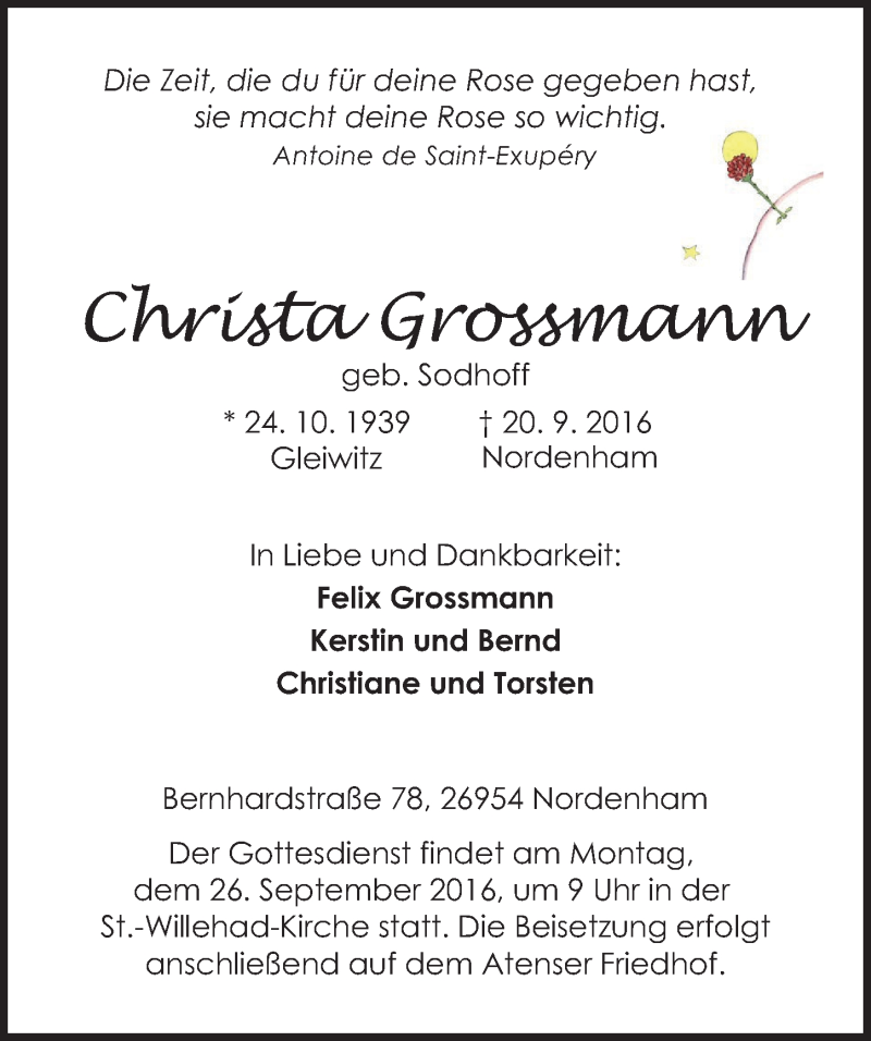 Traueranzeigen von Christa Grossmann | nordwest-trauer.de