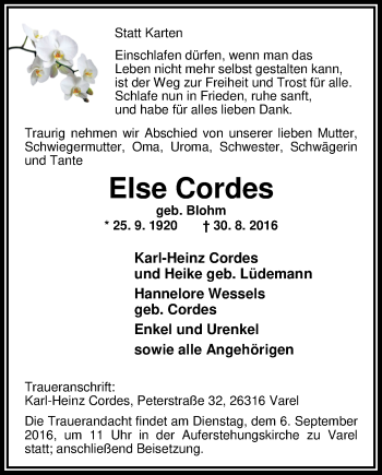 Traueranzeige von Else Cordes von Nordwest-Zeitung