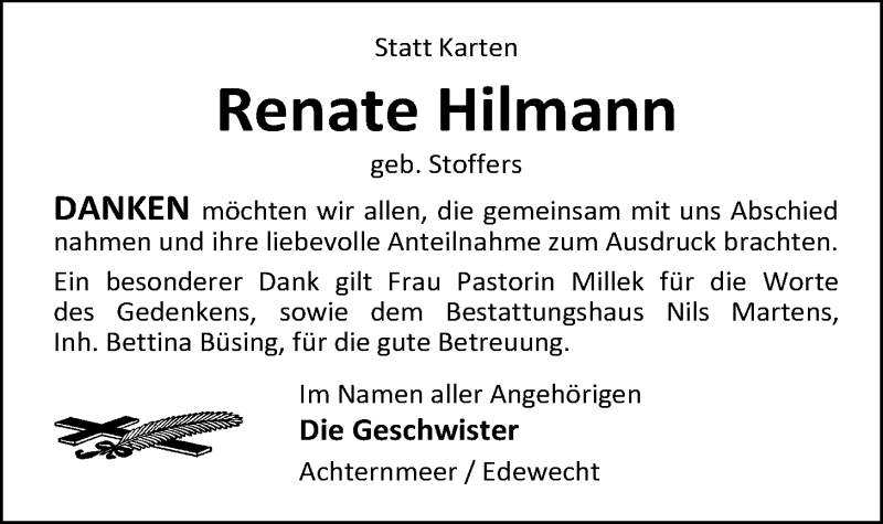  Traueranzeige für Renate Hilmann vom 02.09.2016 aus Nordwest-Zeitung