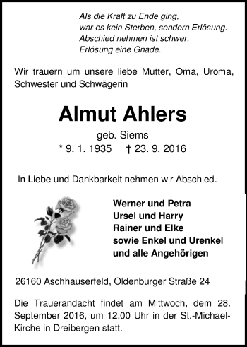 Traueranzeige von Almut Ahlers von Nordwest-Zeitung