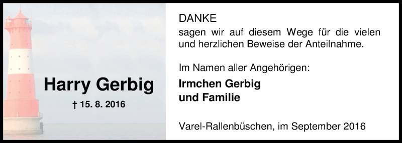  Traueranzeige für Harry Gerbig vom 17.09.2016 aus Nordwest-Zeitung