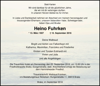 Traueranzeige von Heino Fuhrken von Nordwest-Zeitung