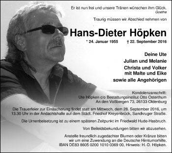 Traueranzeige von Hans-Dieter Höpken von Nordwest-Zeitung