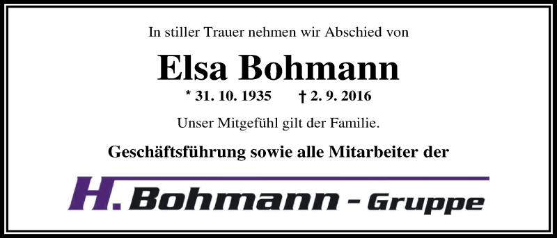  Traueranzeige für Elsa Bohmann vom 05.09.2016 aus Nordwest-Zeitung