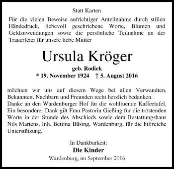 Traueranzeige von Ursula Kröger von Nordwest-Zeitung