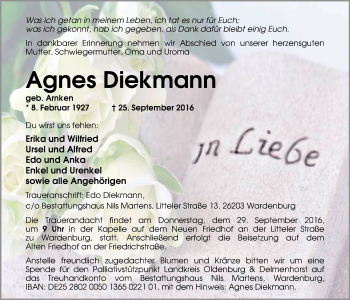 Traueranzeige von Agnes Diekmann von Nordwest-Zeitung