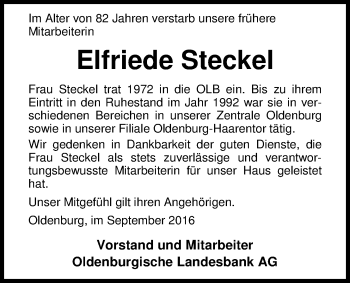 Traueranzeige von Elfriede Steckel von Nordwest-Zeitung