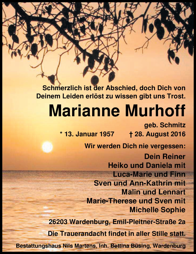  Traueranzeige für Marianne Murhoff vom 03.09.2016 aus Nordwest-Zeitung
