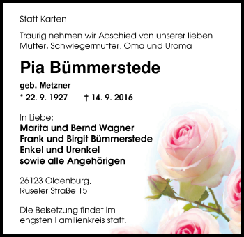 Traueranzeige von Pia Bümmerstede von Nordwest-Zeitung