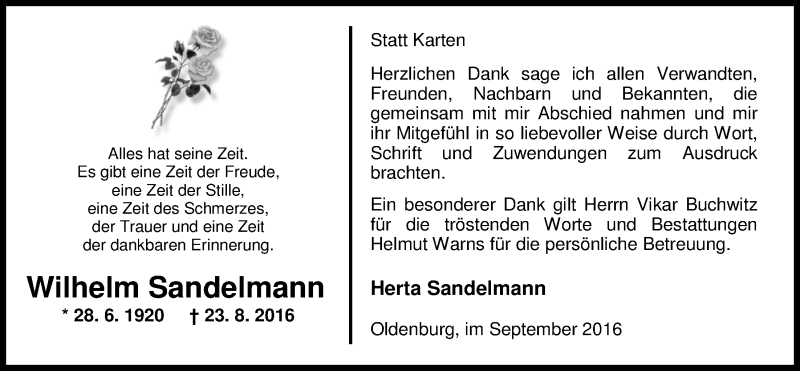  Traueranzeige für Wilhelm Sandelmann vom 24.09.2016 aus Nordwest-Zeitung
