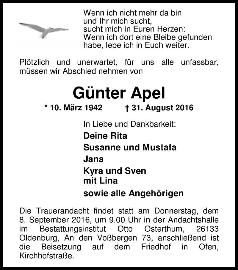  Traueranzeige für Günter Apel vom 03.09.2016 aus Nordwest-Zeitung