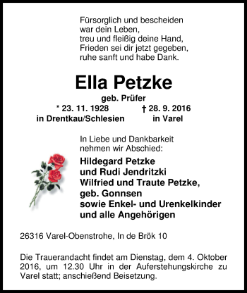 Traueranzeige von Ella Petzke von Nordwest-Zeitung