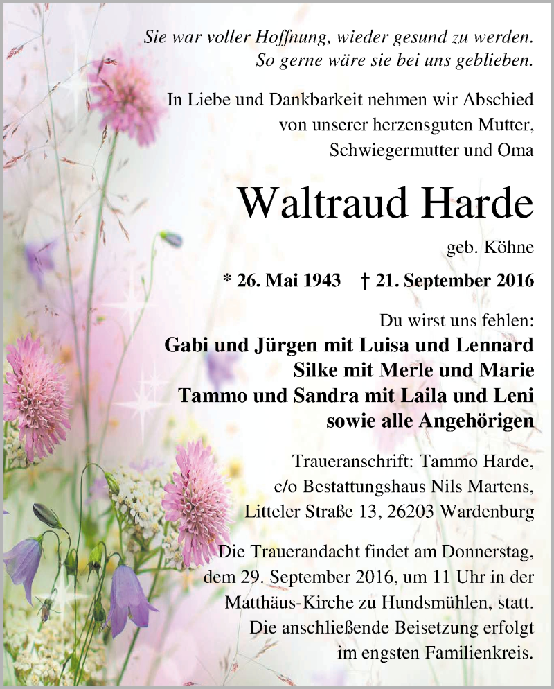  Traueranzeige für Waltraud Harde vom 24.09.2016 aus Nordwest-Zeitung