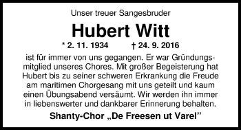 Traueranzeige von Hubert Witt von Nordwest-Zeitung