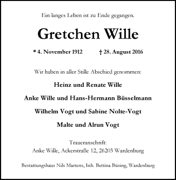 Traueranzeige von Gretchen Wille von Nordwest-Zeitung