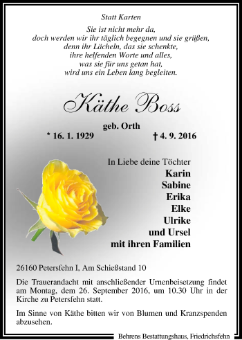Traueranzeige von Käthe Boss von Nordwest-Zeitung