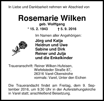 Traueranzeige von Rosemarie Wilken von Nordwest-Zeitung
