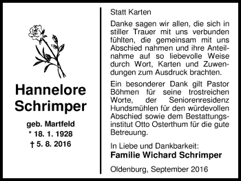 Traueranzeige von Hannelore Schrimper von Nordwest-Zeitung