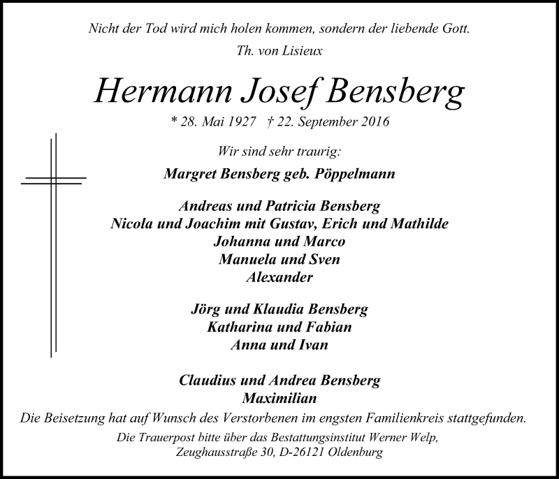  Traueranzeige für Hermann Josef Bensberg vom 29.09.2016 aus Nordwest-Zeitung