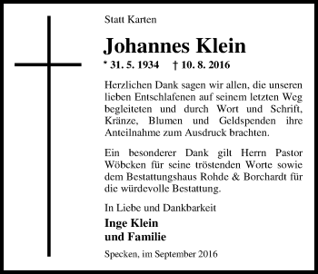 Traueranzeige von Johannes Klein von Nordwest-Zeitung