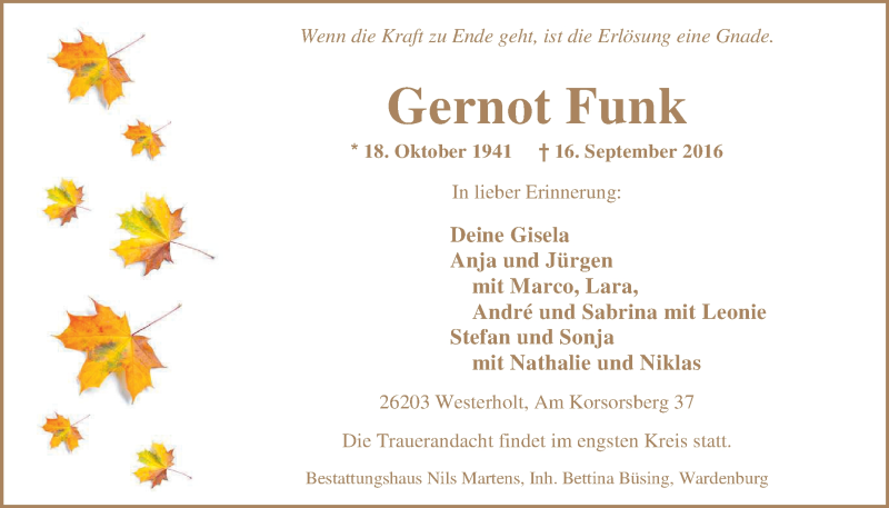  Traueranzeige für Gernot Funk vom 20.09.2016 aus Nordwest-Zeitung