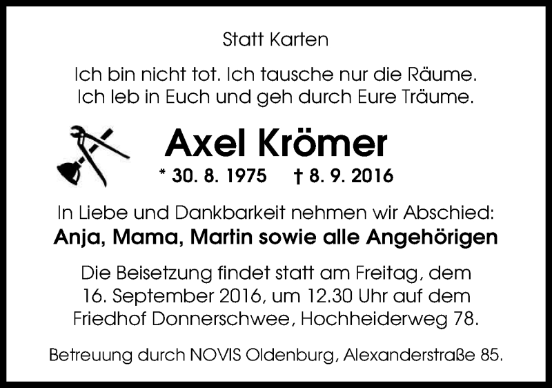  Traueranzeige für Axel Krömer vom 14.09.2016 aus Nordwest-Zeitung