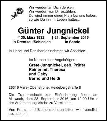 Traueranzeige von Günter Jungnickel von Nordwest-Zeitung
