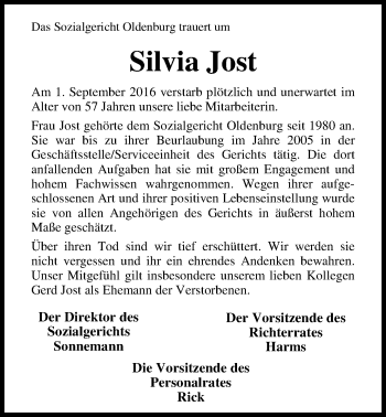 Traueranzeige von Silvia Jost von Nordwest-Zeitung