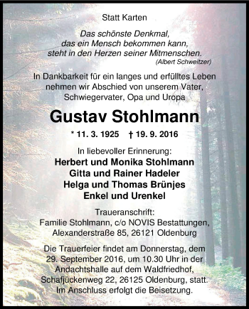Traueranzeige von Gustav Stohlmann von Nordwest-Zeitung