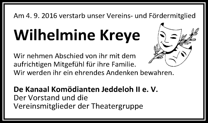  Traueranzeige für Wilhelmine Kreye vom 07.09.2016 aus Nordwest-Zeitung